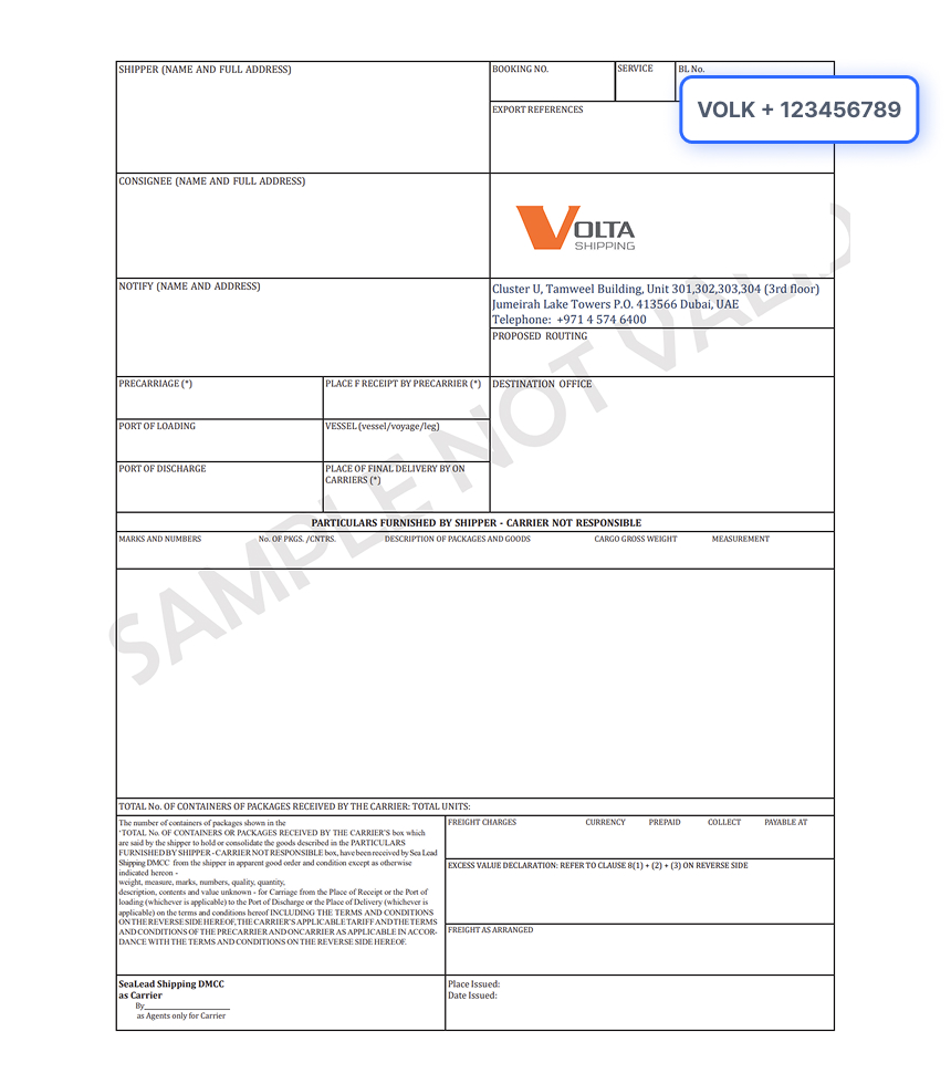 Bill of Lading Document Sample